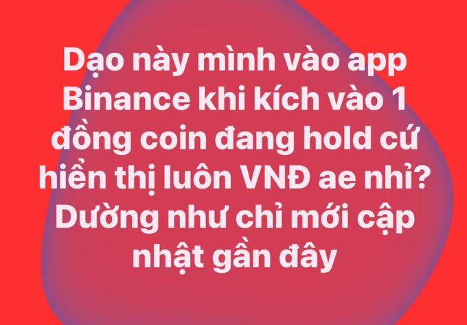 The image displays Vietnamese text on a red gradient background, where a user asks why their Binance app keeps displaying holdings in VND instead of their set USDT currency when clicking on a coin, noting it appears to be a recent update. The caption relates directly to the accompanying post, as both describe the same Binance app issue of holdings unexpectedly switching to VND currency display.