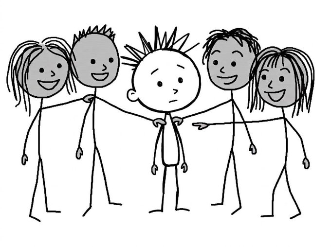 A simple black and white line drawing shows four smiling figures pointing at and mocking a smaller, sad-looking figure with spiky hair standing in the middle.