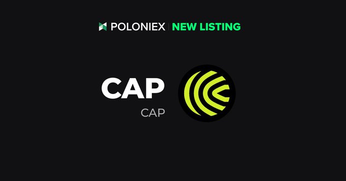 A Poloniex promotional graphic announcing a new listing for the CAP token, featuring the Poloniex logo and "NEW LISTING" text above the bold white "CAP" lettering and its green circular emblem on a black background, corresponding to the announcement of CAP deposits and full trading opening on June 27th.