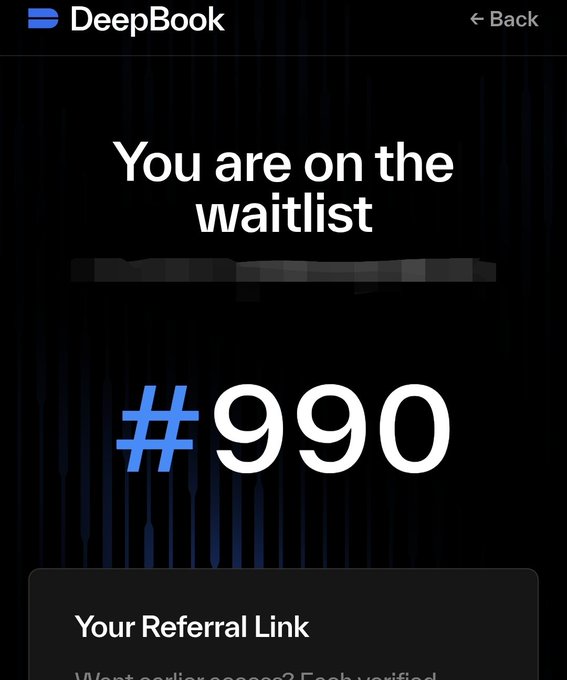 A dark mobile app screen for 'DeepBook' displaying 'You are on the waitlist' with the position '#990' and a 'Your Referral Link' section.