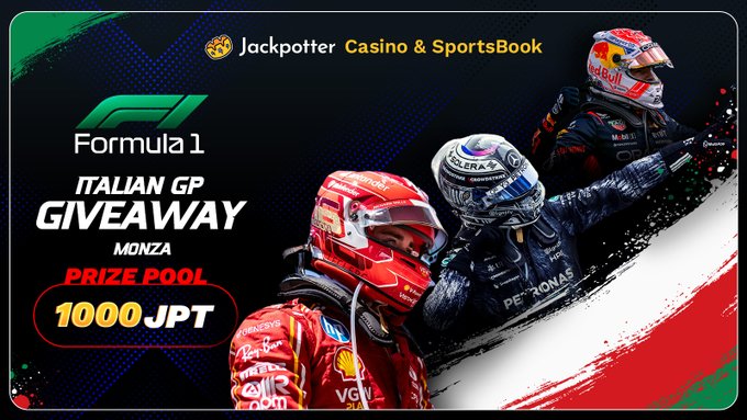 A Jackpotter Casino & SportsBook promo for the Formula 1 Italian Grand Prix giveaway at Monza, featuring Ferrari and Mercedes drivers and a **1,000 JPT prize pool**. The post asks entrants to guess the race winner and submit their pick, Jackpotter username, and ETH wallet address.