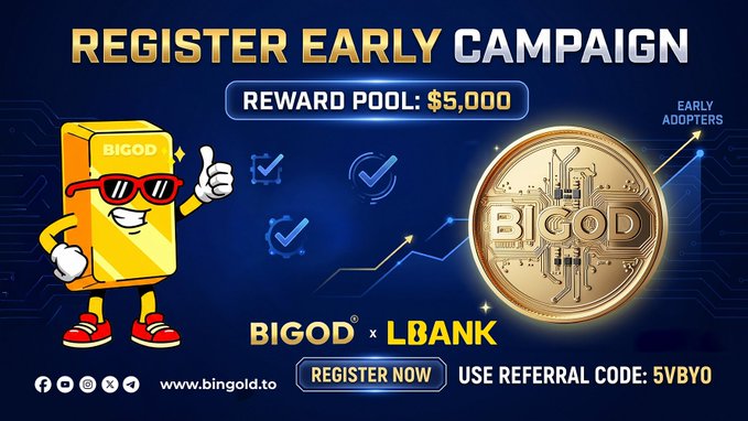 The image is a promotional banner for the "BIGOD x LBANK Register Early Campaign," featuring a cartoon yellow bar mascot wearing sunglasses giving a thumbs-up next to a gold "BIGOD" coin and a $5,000 reward pool graphic. It directs viewers to register at bingod.do using referral code 5VBY0, visually supporting the post's call for early adopters to join the BIGOD listing campaign on LBank.