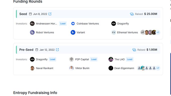A funding rounds summary showing a Seed round of $25.00M on Jun 8, 2022 led by Andreessen Horowitz with Coinbase Ventures and Dragonfly, and a Pre-Seed round of $1.95M on Jan 12, 2022 led by Dragonfly, P2P Capital, and The LAO.