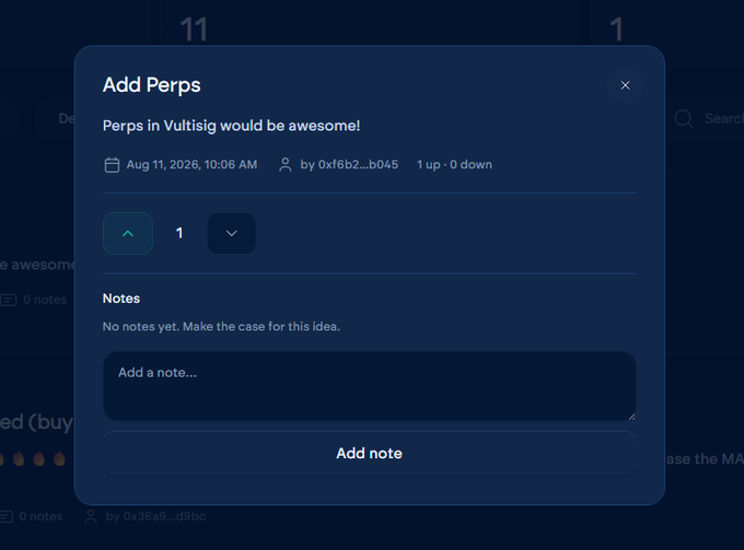 A modal dialog titled 'Add Perps' with the suggestion 'Perps in Vultisig would be awesome!' showing upvote/downvote counters and a notes section.