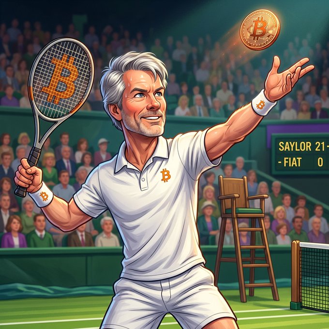 A stylized illustration depicts Michael Saylor in tennis whites on a court, holding a racket emblazoned with the Bitcoin logo while tossing a physical Bitcoin coin, with the scoreboard reading 'SAYLOR 21 - FIAT 0'.