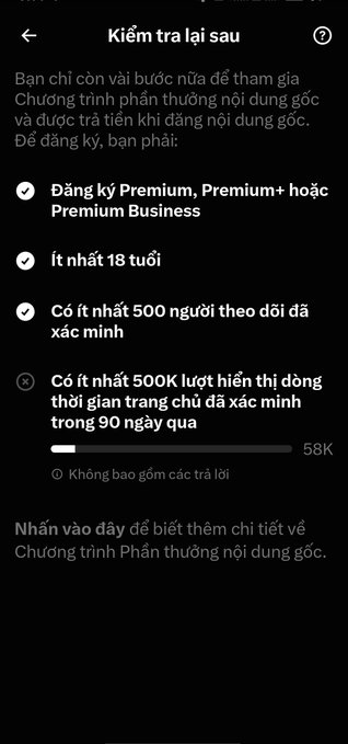 A Vietnamese social media monetization screen titled "Kiếm tiền từ video" lists eligibility requirements, including Premium subscription, age 18+, 500 verified followers, and 500K views in 90 days.