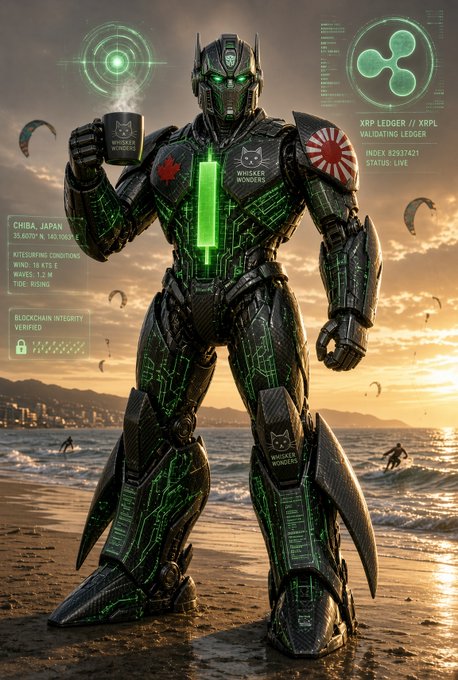 A mech-suited figure with glowing green circuit patterns stands on a beach holding a mug, with HUD elements displaying "XRP LEDGER // XRPL VALIDATING LEDGER," "INDEX #2937421 STATUS: LIVE," "CHIBA, JAPAN," and "BLOCKCHAIN INTEGRITY VERIFIED."