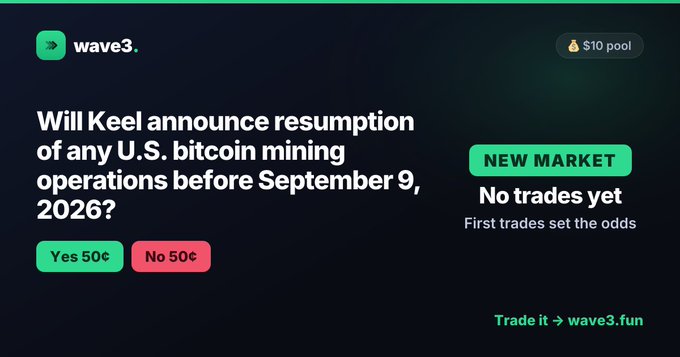 A prediction market interface on wave3.fun asking "Will Keel announce resumption of any U.S. bitcoin mining operations before September 9, 2026?" with Yes/No buttons priced at 50¢ each.
