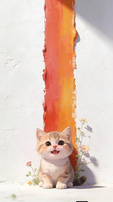 An adorable illustrated kitten with big eyes sitting beside a colorful orange and pink painted pillar with small flowers growing around it.