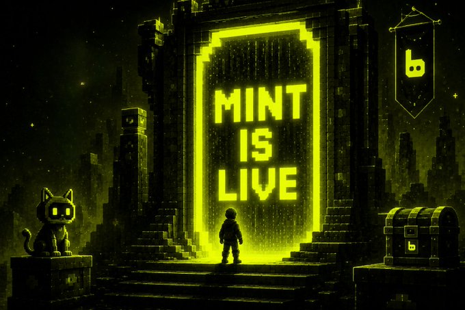 A pixel-art scene glows in neon green, showing a small astronaut-like figure standing before a large portal displaying the text "MINT IS LIVE," accompanied by a black cat and a treasure chest marked with a "b" logo. The retro gaming aesthetic and "Mint is Live" announcement visually reinforce the post's call to action for the Broker APP NFT mint, framing it as an exciting, game-like launch event.
