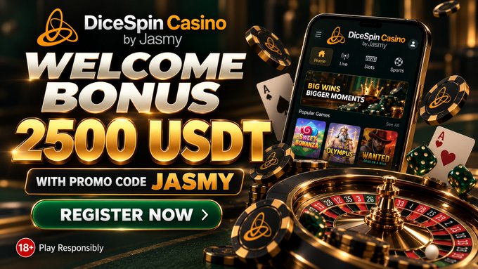 An advertisement for DiceSpin Casino by Jasmy displays a 'WELCOME BONUS 2500 USDT WITH PROMO CODE JASMY' alongside a smartphone showing the app interface and a roulette wheel with playing cards.