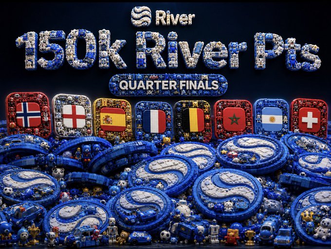 Promotional graphic for '150k River PPS Quarter Finals' featuring flags of Norway, England, Spain, France, Belgium, Morocco, Argentina, and Switzerland above stacks of blue River poker chips.