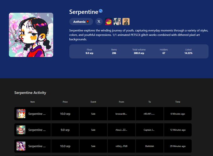 Cryptocurrency/NFT trading platform page for 'Serpentine' collection showing 286 items, 67 holders, floor price of 9.0 xrp, with recent sale activity including transactions from browardb, nEvW1, ntbswJ_ZZ to Captain_J, and nt5kj_fS9 to Blahblah.