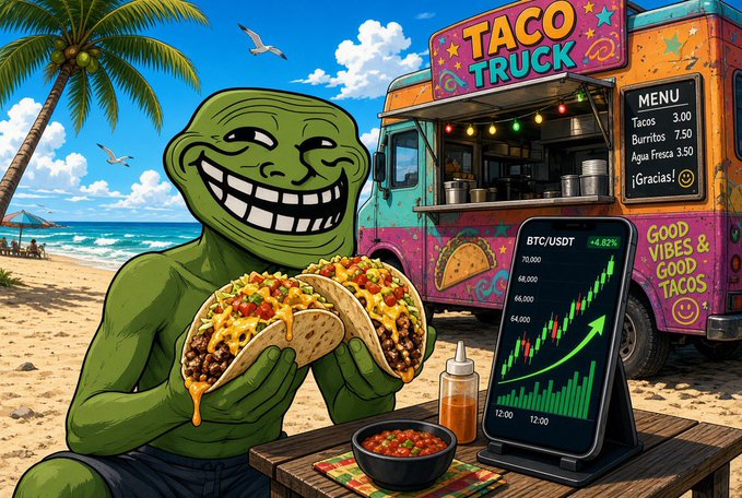 A cartoon-style illustration featuring a green Pepe frog holding two large tacos on a beach, with a colorful 'TACO TRUCK' menu (Tacos 3.00, Burritos 7.50, Agua Fresca 3.50) and a tablet displaying a 'BTC/USDT' candlestick chart showing a '+4.82%' gain and the text 'GOOD VIBES & GOOD TACOS.'