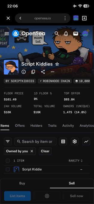 A mobile screenshot of an OpenSea NFT collection page for "Script Kiddies" on the Robinhood Chain, showing a floor price of $161.49 and a single owned item called "Script Kiddie." The image contrasts the original $1.87 mint price with the current $161.49 floor price to illustrate the NFT's significant value appreciation, supporting the post's message about NFT profit potential.