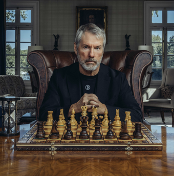 A digitally rendered image of a gray-bearded man in a black suit sitting at a chessboard in an elegant room, posing as if contemplating his next move.