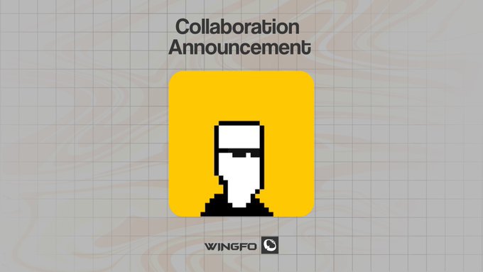 A collaboration announcement graphic featuring a pixelated hacker figure in sunglasses on a yellow background, branded with "WINGFO" and promoting the partnership with CypherSquadZec—a free-mint collection of 6,000 pixel art hackers on Zcash building a mission-based gaming platform.