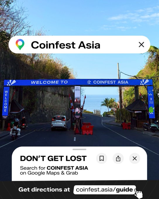 A mobile screenshot featuring a Google Maps search for 'Coinfest Asia' over an image of a 'WELCOME TO COINFEST ASIA' archway, with a prompt to 'DON'T GET LOST' and get directions at coinflest.asia/guide.
