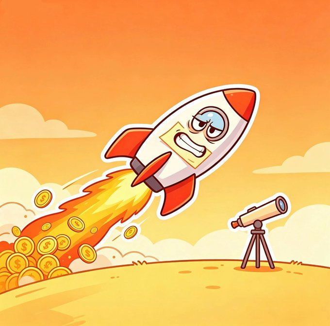 A cartoon illustration of a rocket with a Bitcoin logo blasting off through a pile of gold coins, with a telescope pointed at it from the ground against an orange sky.