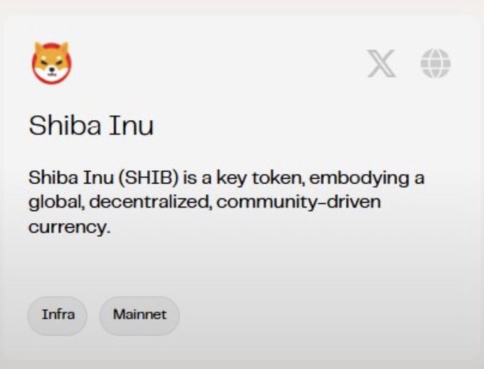 A digital card displays information about Shiba Inu, describing SHIB as 'a key token, embodying a global, decentralized, community-driven currency,' with tags for 'Infra' and 'Mainnet'.
