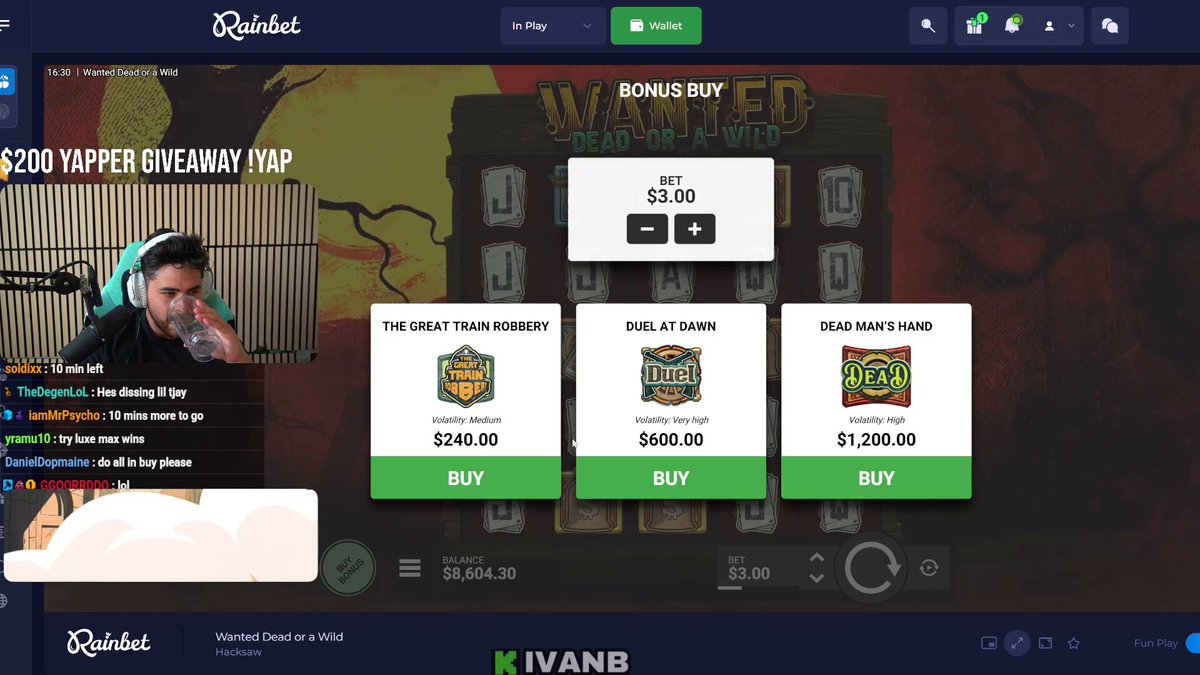 The image features a screenshot of a slot machine game interface with a green "Buy" button in the middle, accompanied by an advertisement for Kvinan. The ad also includes a link to the original ad where you can find additional information about the giveaway. A man is standing next to the screen, wearing headphones and focused on the gameplay. Overall, it appears that this image captures an advertisement for the slot machine game, promoting a casino-like experience or offering prizes such as $100,000+ in leaderboards and $2,000+ VIP Raffle offers, along with other gaming opportunities like discounts and equity splits for players.