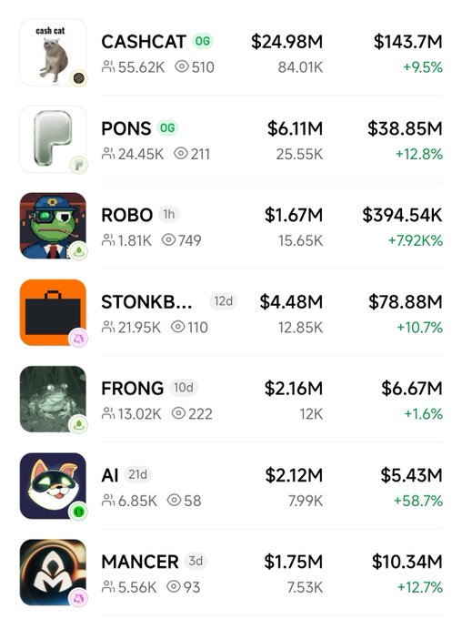 Cryptocurrency tracking interface showing a list of meme tokens including CASHCAT, PONS, ROBO, STONKB, FRONG, AI, and MANCER, with price data, market caps, holders, and percentage changes.