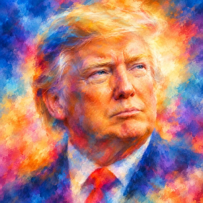 A vibrant, colorful painterly portrait of Donald Trump rendered in expressive brushstrokes of blue, orange, yellow, and red.