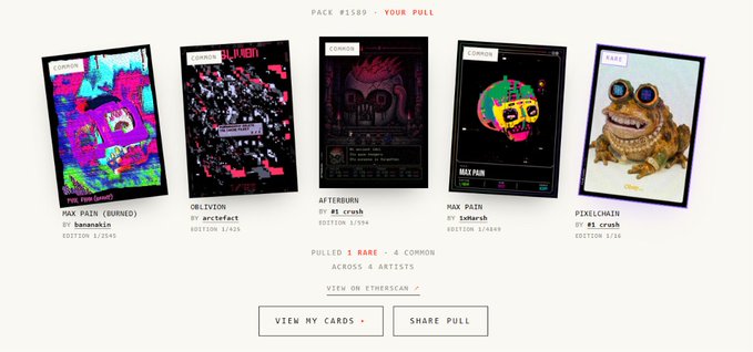 A digital collectible pack pull interface labeled 'PACK #1589 · YOUR PULL' showing five NFT cards from artists including bananakio, acteFact, and toburich, with a 'PULLED 1 RARE + 4 COMMON' summary.