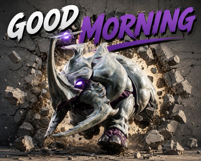 A bold "GOOD MORNING" graphic features a fierce armored creature with glowing purple eyes bursting through a cracked concrete wall, with the word "MORNING" highlighted in purple.