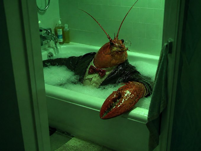 An elegant lobster in a tuxedo relaxes in a bubble bath, bathed in eerie green light that casts an unsettling glow over the otherwise refined scene. The greenish tint transforms the dignified crustacean's spa moment into something mysteriously sinister, perfectly matching the caption's bewilderment at the sudden color shift.