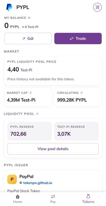 A mobile interface displays the "PYPL" token dashboard on tokenpn.github.io, showing a simulated balance of 0 PYPL, a liquidity pool price of 4.40 Test-Pi, a market cap of 4.39M Test-Pi, 999.28K circulating PYPL, and identifies the issuer as "PayPal" — reflecting the post's disclaimer that this is a user-created simulated token hosted on GitHub Pages, not an official PayPal-issued asset.