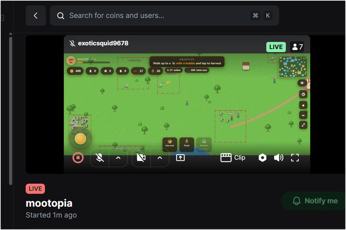 A live stream titled "mootopia" on Pumpfun, hosted by user "exoticsquid9678," shows gameplay of the Mootopia farming simulator, featuring 7 viewers, harvest and feed buttons, and a leaderboard with 400 coins and 17 rabbits, with a caption encouraging others to join at mootopia.fun/play.html.