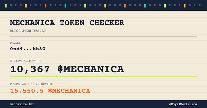 A Mechanica Token Checker page showing wallet “0xd4...bb80,” a current allocation of 10,367 $MECHANICA, and a potential 1.5× allocation of 15,550.5 $MECHANICA.