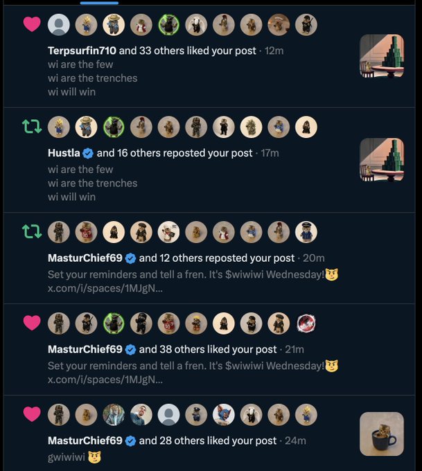The image displays a social media notifications panel showing that users "Terpsurfin710," "Hustla," and "MasturChief69" (and others) liked or reposted a post containing the text "wi are the few / wi are the trenches / wi will win" and "Set your reminders and tell a fren. It's $wiwiwi Wednesday!" — directly tying to the accompanying post about buying $Wiwiwi on Solana, indicating growing engagement around the coin.