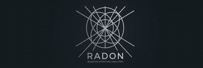 A dark banner displays a geometric logo featuring intersecting circles and lines resembling a quantum/atomic diagram, with the text "RADON" and the tagline "QUANTUM COMPUTING / ANALYTICS" beneath it. The minimalist black and gray design appears to be a branding banner for the RADON project, shared as part of a decentralized exchange promotional post.