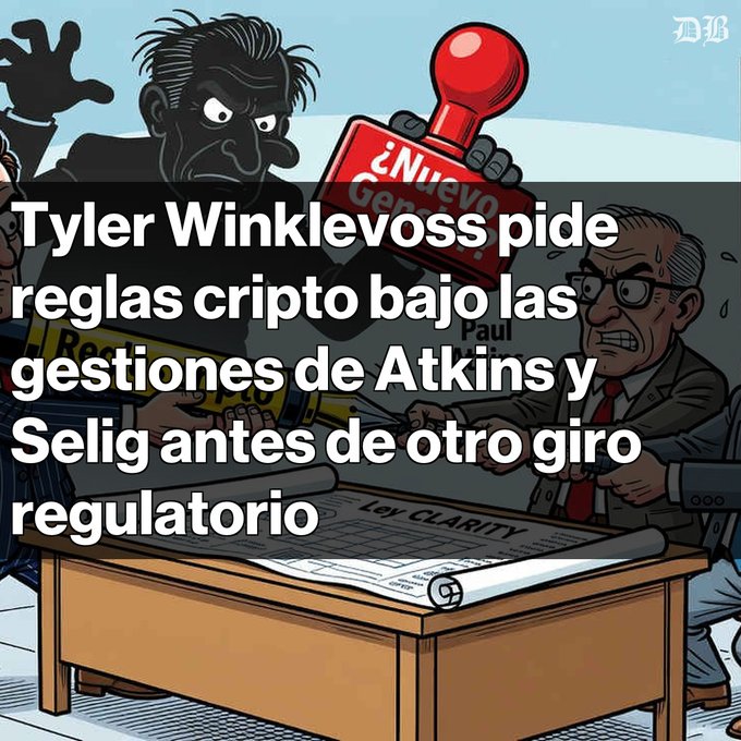 Cartoon illustration from a newspaper (WSJ logo in corner) showing Tyler Winklevoss stamping 'NEW' on a document, with a Spanish headline translating to 'Tyler Winklevoss demands crypto rules under the management of Atkins and Selig before another regulatory turn.'