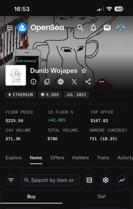 An OpenSea app screen displaying the 'Dumb Wojapes' NFT collection on Ethereum, showing a floor price of $225.56 and a 24H volume of $71.3K.