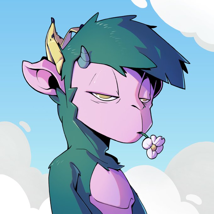 A digital illustration of a purple-skinned character with green hair and a yellow horn, holding a small purple flower in their mouth against a sky background.