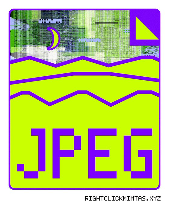 A retro pixel-art style graphic showing a '.JPEG' file icon with glitch effects, featuring a purple and neon green color scheme and the watermark 'RIGHTCLICKMINTAS.XYZ'.