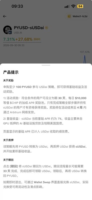 A mobile app screenshot displays financial information for 'PYUSD-sUSDai' with a return of '7.31% + 27.68%' and Chinese text describing reward and redemption processes.