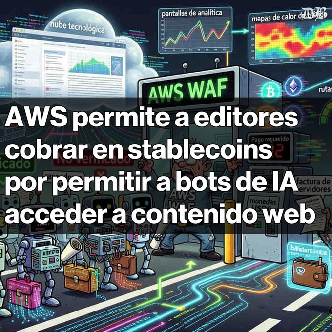 The image features an illustration of a street scene with various robots, including one carrying a suitcase, positioned along the road. The text in the image reads "AWS permitir a editorores cobrar en stablecoins por permitir a botos de IA a contenido web Propietarios de contenido podrán cobrar en stablecoins como USDC Se busca ... La integración incluye el protocolo x402 y soporte inicial de". The image is related to the post because it features an illustration of robots carrying suitcases, which could be a representation of the concept of using robots for transportation and logistics services.

The text in the image suggests that there might be a connection between the robots and the idea of using robots for financial transactions or managing finances through automated systems. The presence of multiple robots with luggage also adds to the overall theme of automation, which is often associated with the use of robots in various industries, including finance and logistics.