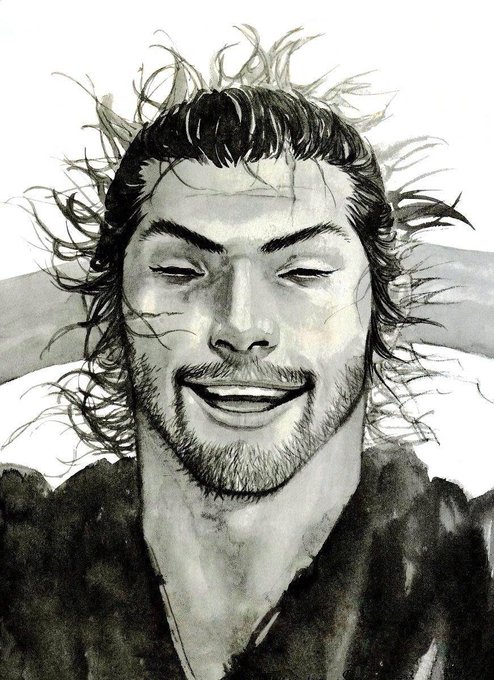 A black and white ink illustration depicts a smiling man with a beard, wild unkempt hair, and eyes partially closed, wearing a dark, fuzzy-textured garment.