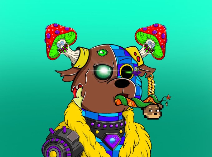 The image features a cartoon dog wearing a yellow jacket, blue and purple armor, and goggles with green eyes. The dog has a carrot in its mouth and is holding a mushroom hat. The caption reads "Happy Mutant Monday All When can we get DOGE to pump?".