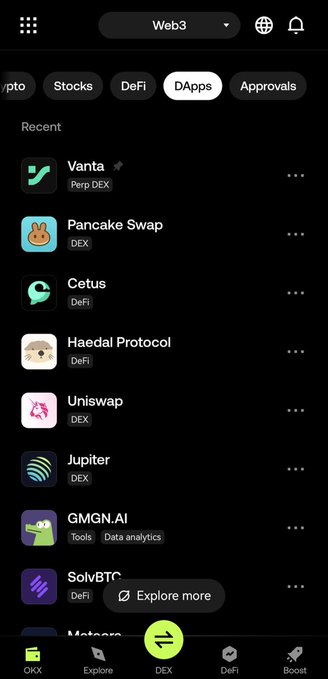 The image shows the OKX Wallet DApps section with Web3 selected, displaying a list of recent decentralized applications including Vanta (Perp DEX) at the top, followed by Pancake Swap, Cetus, Haedal Protocol, Uniswap, Jupiter, GMGN.AI, and SolvBTC, with a green "Explore more" button at the bottom. The screenshot illustrates the integration mentioned in the post, showing Vanta featured prominently at the top of the DApps list within OKX Wallet’s Web3 ecosystem.

Relevant visible text: "Vanta Perp DEX", "OKX Wallet", "Web3", "DApps", "Perpetuals", and category tabs including "Stocks", "DeFi", and "Approvals."