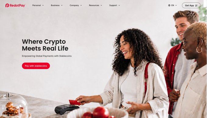 The RedotPay website homepage featuring the tagline 'Where Crypto Meets Real Life' and 'Empowering Global Payments with Stablecoins' alongside an image of people at a checkout.