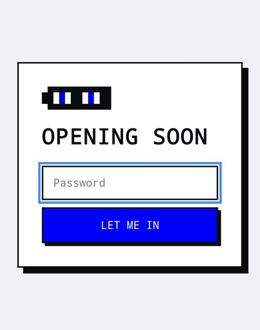 A simple login interface displaying a battery icon, the text 'OPENING SOON', a password input field, and a blue 'LET ME IN' button.