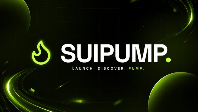 The image features a logo for a company named SuiPump. The logo consists of a green flame with white text, which reads "SuiPump" followed by the words "Launch", "Discover", and "Pump". The background is black, but there are some green circles in the top left corner that add a touch of color to the image.