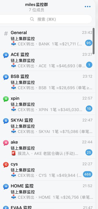 A Telegram group chat 'miles 监控群' (miles monitoring group) showing various monitoring channels like ACE, BSB, xpin, SKYAI, and others with token price alerts.