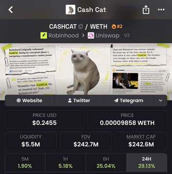 A screenshot of a Robinhood-listed meme coin "Cashcat" (CASHCAT/WETH on Uniswap V3) priced at $0.2455 with a $242.7M FDV and $242.6M market cap, showing recent gains of 25.04% (6H) and 29.13% (24H), with a cat meme mascot—matching the post's claim of a new ~240M ATH and teasing Fox's smaller ~3M cap by comparison.