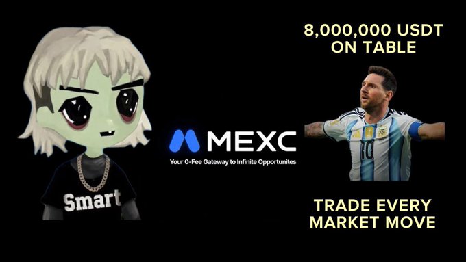 The image features a large graphic design poster promoting a trading contest. The central focus of the poster is a cartoon man wearing a black shirt holding two sports balls (a soccer ball and a baseball) next to his head, with text that reads "My biggest trading victory? Not one trade Surviving every cycle, every mistake, every red day, and still showing up What caught my attention about @MEXC Kickoff Fest is not just the 8,000,000 USDT prize pool Its the fact that there is 200,000 USDT up for grabs every day".